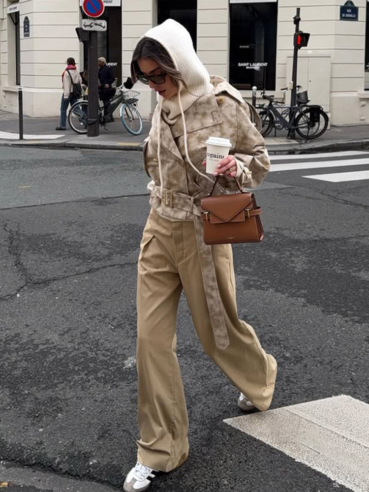 Damen modische Trenchcoat-Jacke mit Gürtel und Kapuze Drune