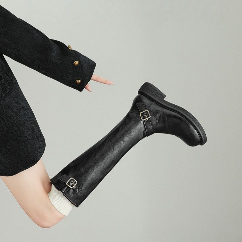Damen Kniehohe Lederoptik-Stiefel mit verstellbaren Zierschnallen Drune