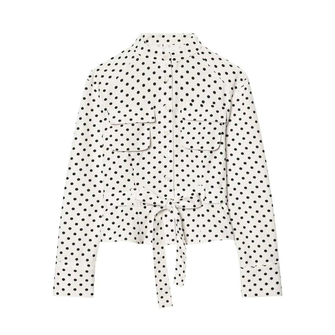 Damen Geknöpfte Hemdjacke mit Stehkragen, aufgesetzten Klappentaschen und Taillengürtel Drune