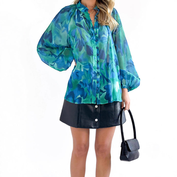 Damen nan Chiffon-Bluse mit Aquarell-Print, Stehkragen, verdeckter Knopfleiste und Ballonärmeln Drune