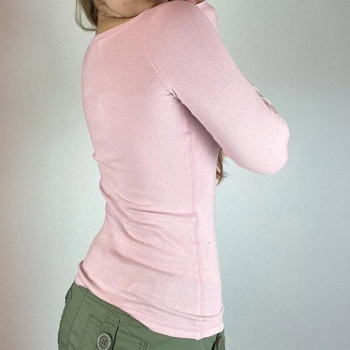 Damen nan tailliertes Langarmshirt mit quadratischem Ausschnitt, Knopfleiste und feiner Spitzenblende Drune