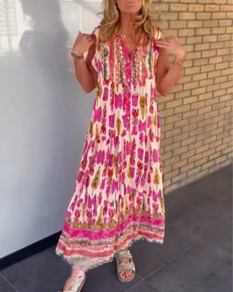 Damen nan fließendes Maxikleid im Boho-Stil mit V-Ausschnitt, Stufenrock und bestickter Passe Drune
