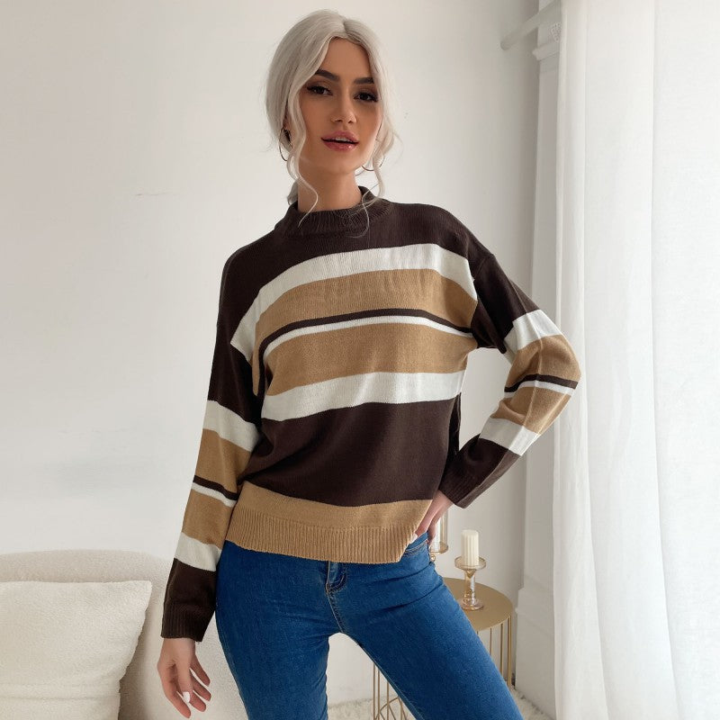 Damen Langärmliger Ringel-Feinstrickpullover mit kurzem Stehkragen und legerer Silhouette Drune
