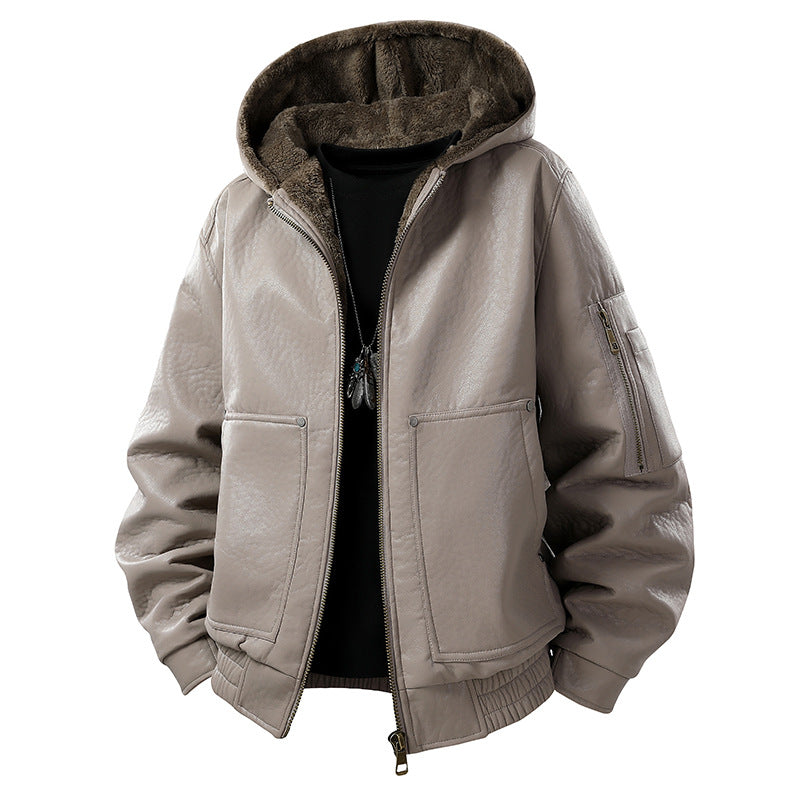 Herren gefütterte Lederoptik-Bomberjacke mit Kapuze und Teddyinnenfutter Drune