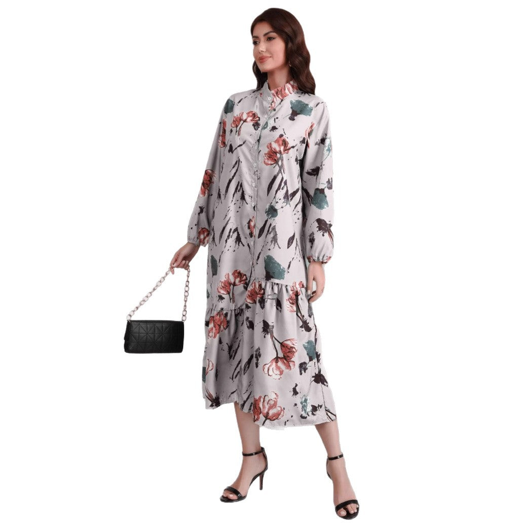 Damen Hemdblusenkleid mit Aquarell-Blumenprint, Stehkragen & Stufenrock Drune