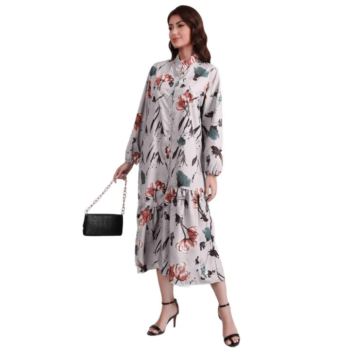 Damen Hemdblusenkleid mit Aquarell-Blumenprint, Stehkragen & Stufenrock Drune