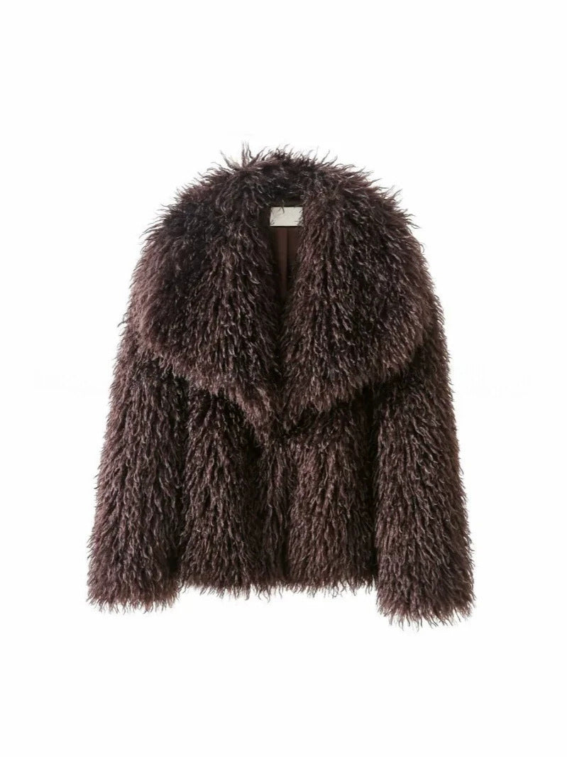 Damen Kurzjacke aus langflorigem Kunstpelz mit extra breitem Schalkragen Drune