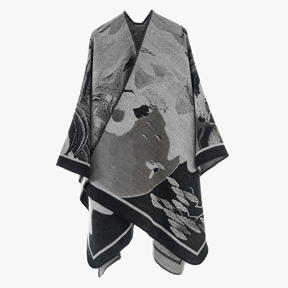 Damen Jacquard‑Strickcape mit floraler Grafik und asymmetrischem Saum Drune
