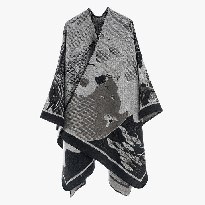 Damen Jacquard‑Strickcape mit floraler Grafik und asymmetrischem Saum Drune