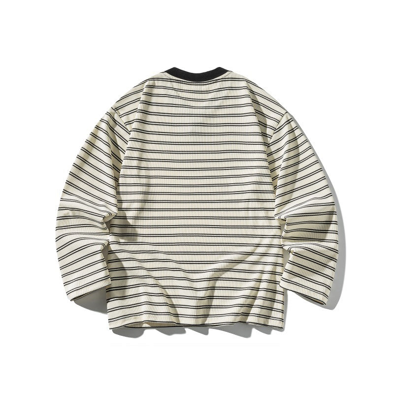 Unisex Gestreiftes Strukturiertes Longsleeve mit Notch-V-Ausschnitt und Rippenstruktur Drune