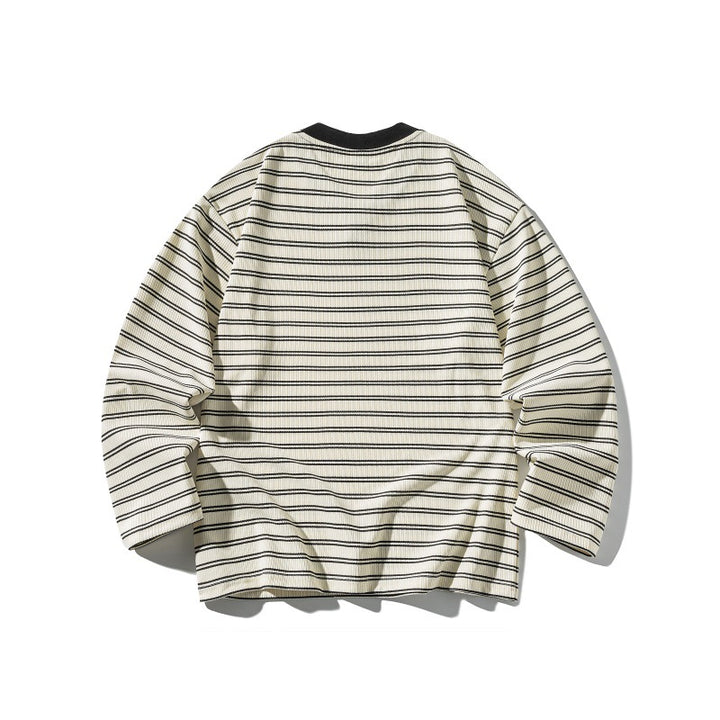 Unisex Gestreiftes Strukturiertes Longsleeve mit Notch-V-Ausschnitt und Rippenstruktur Drune