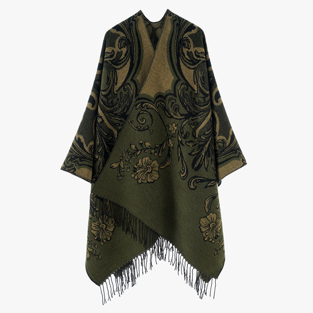 Damen Jacquard‑Poncho‑Überwurf im Barockmuster mit Fransen Drune