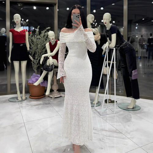 Damen Elegantes Spitzenkleid mit Off-Shoulder Design und Schößchen Drune
