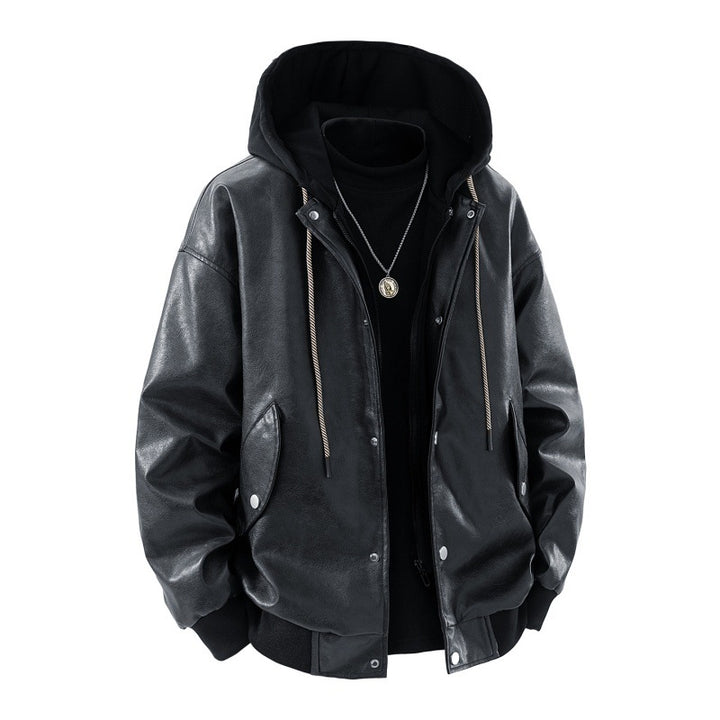 Herren oversized Kunstleder-Bomberjacke mit kontrastkapuze, Druckknopfblende und aufgesetzten Taschen Drune