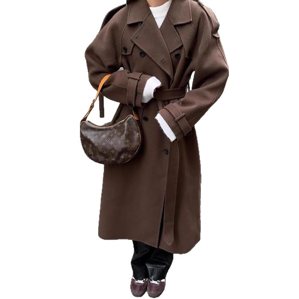 Damen Oversize Wollmantel mit breitem Reverskragen und Taillengürtel Drune