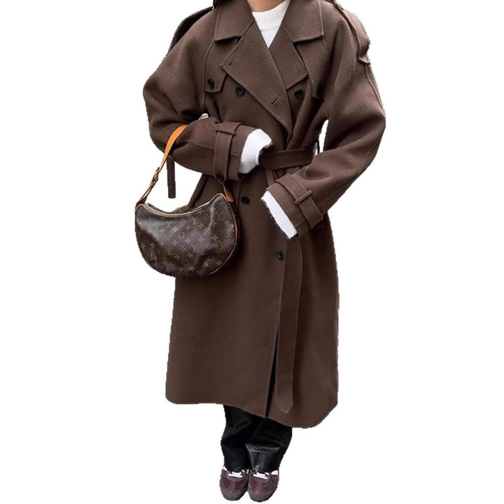 Damen Oversize Wollmantel mit breitem Reverskragen und Taillengürtel Drune