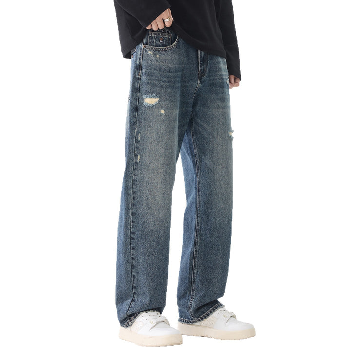 Herren Weite Relaxed-Straight Jeans aus robustem Baumwoll-Denim mit Destroyed-Akzenten Drune