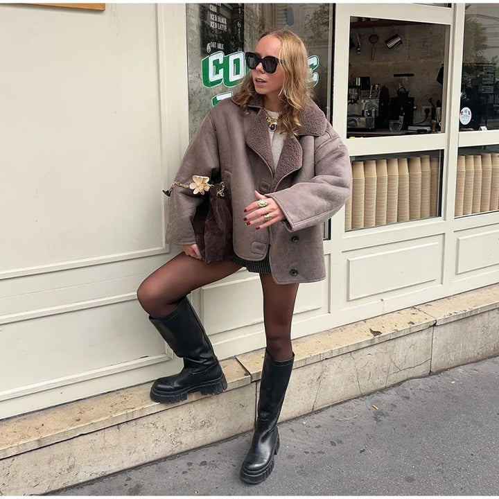 Damen Kunstlederjacke mit Teddyfutter Drune