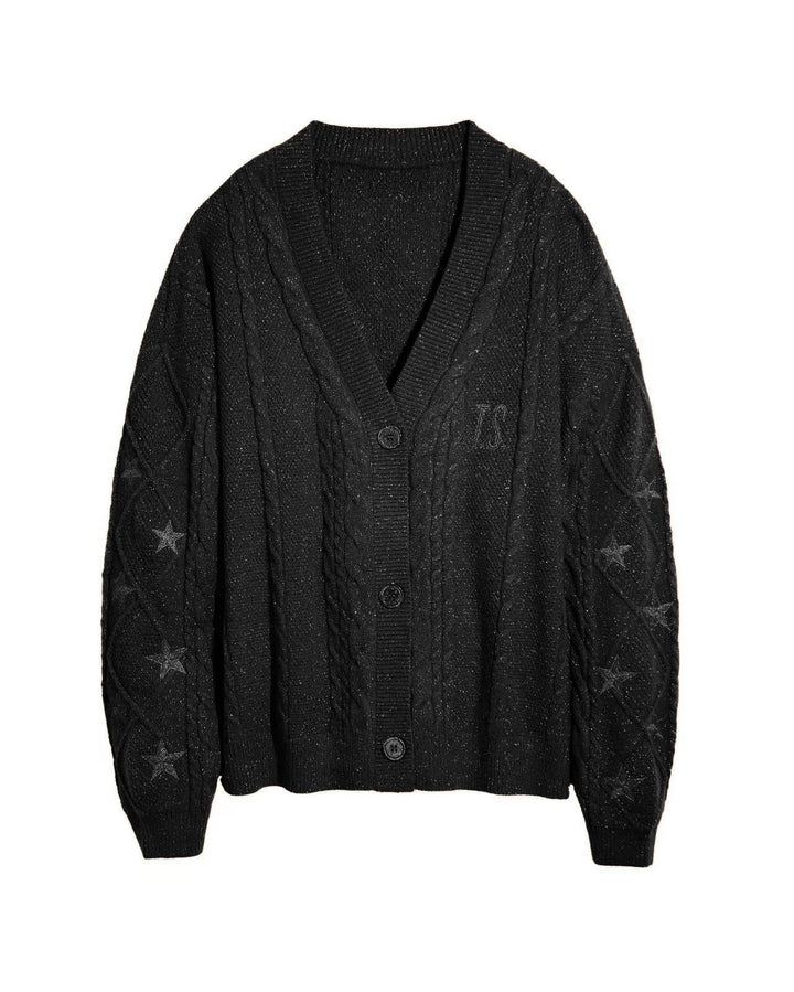 Damen Strickcardigan mit Zopfstrick, Stern‑Stickerei und Glanzfäden Drune
