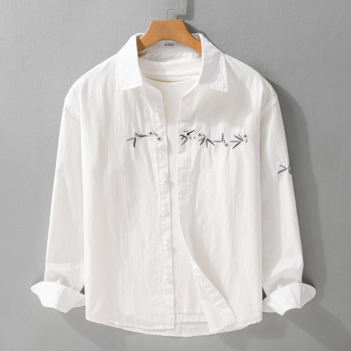 Damen Lockeres besticktes Baumwoll-Overshirt mit Kentkragen und Layering‑Detail Drune
