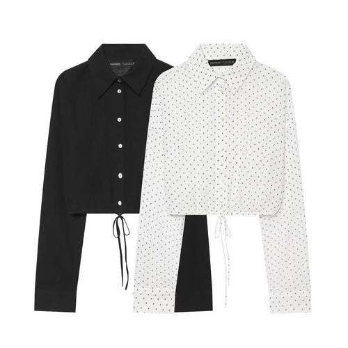 Damen Gepunktete Cropped-Bluse mit Kordelzug und Hemdkragen Drune
