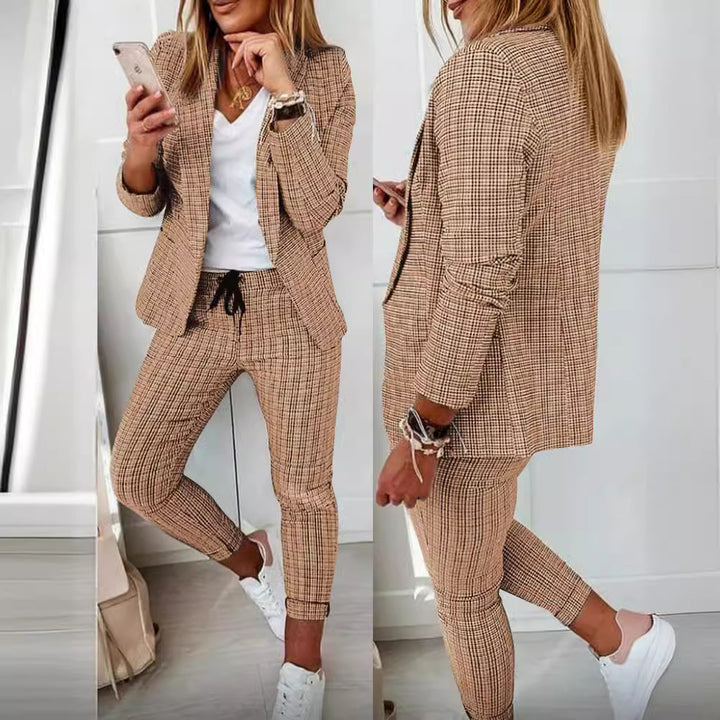 Damen nan lässig-elegantes Karozweiteiler Blazer mit Tunnelzug-Slimhose Drune