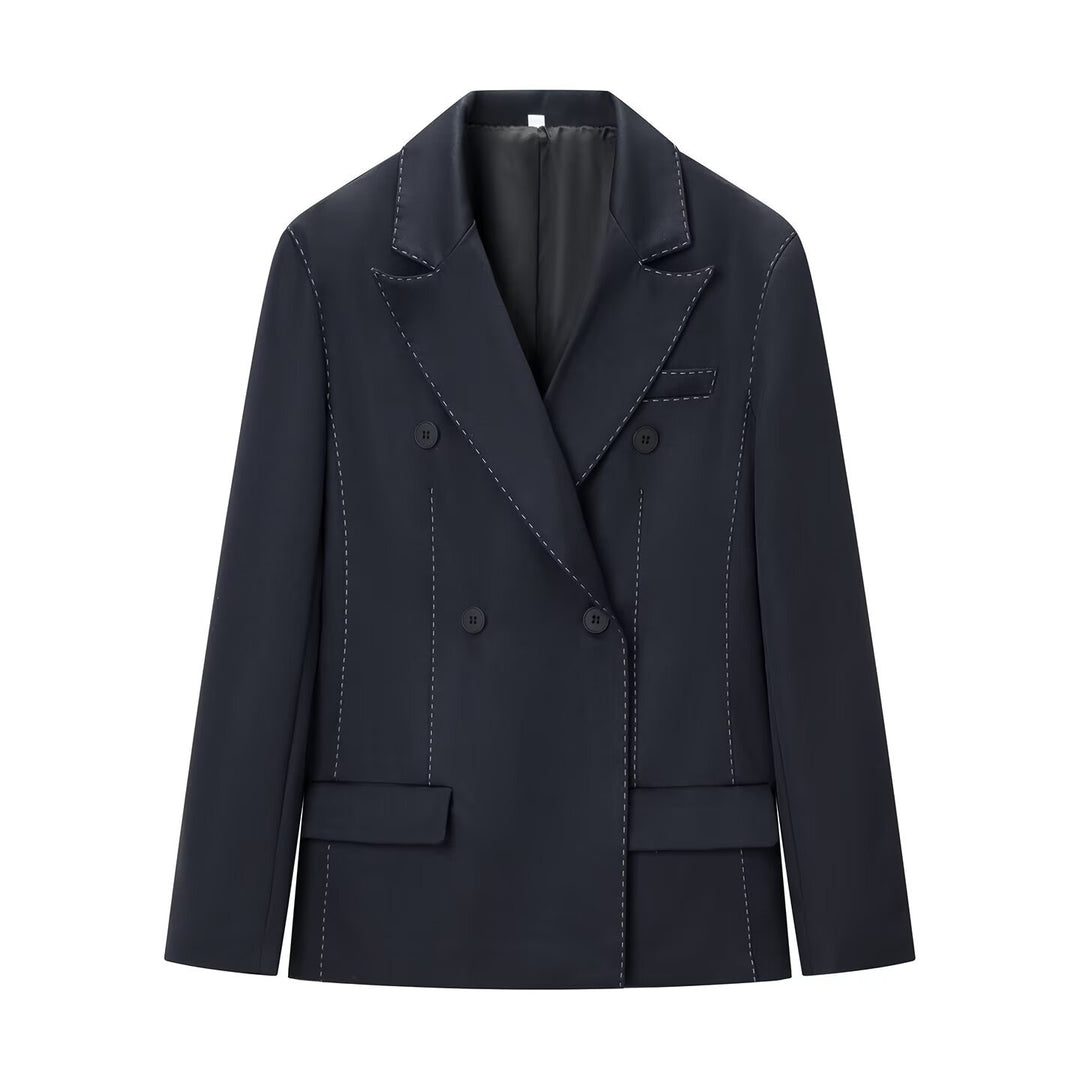 Damen Doppelreihiger Blazer mit dekorativen Ziernähten und Pattentaschen Drune