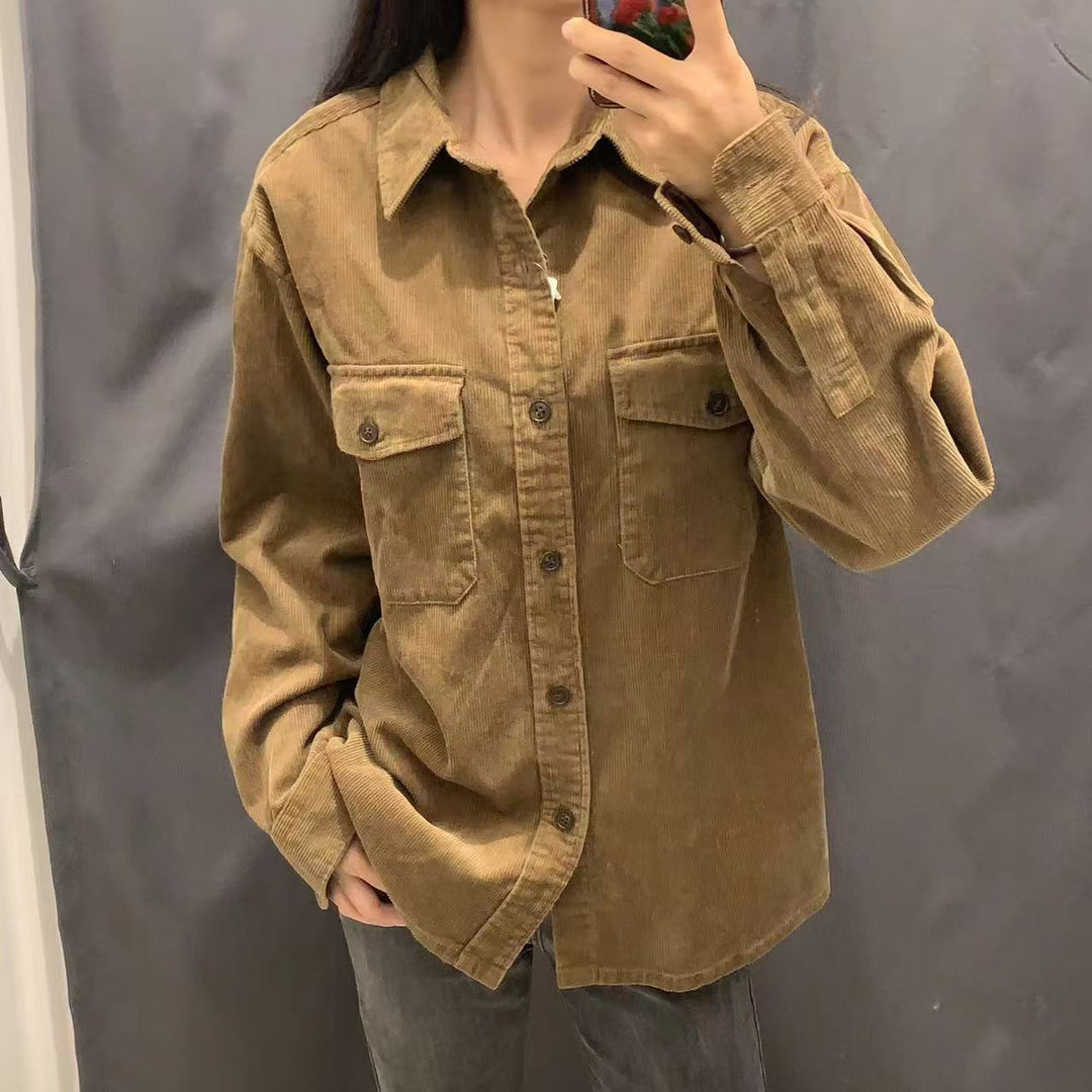 Damen lässige Kordjacke mit praktischen Brusttaschen Drune