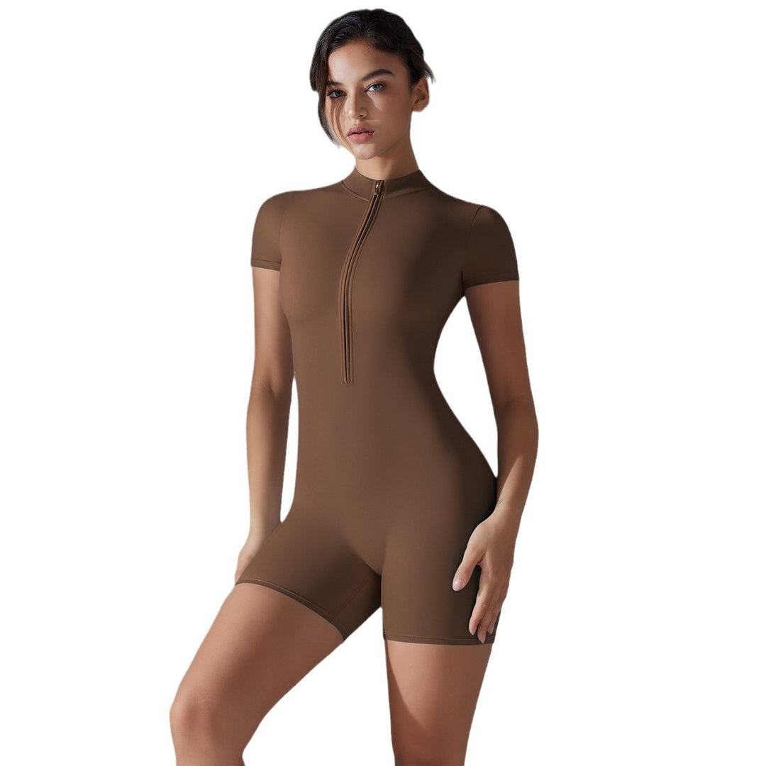Damen Sportlicher Kurzarm-Einteiler mit Reißverschluss und figurbetontem Design Drune