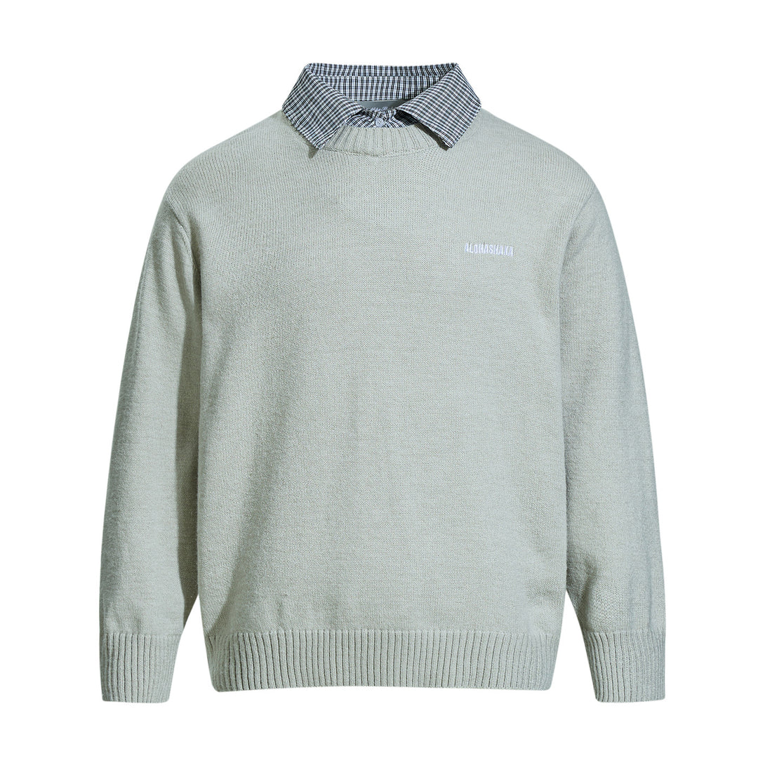 Herren Rundhalspullover mit eingesticktem Logo und Layer‑Hemdkragen Drune