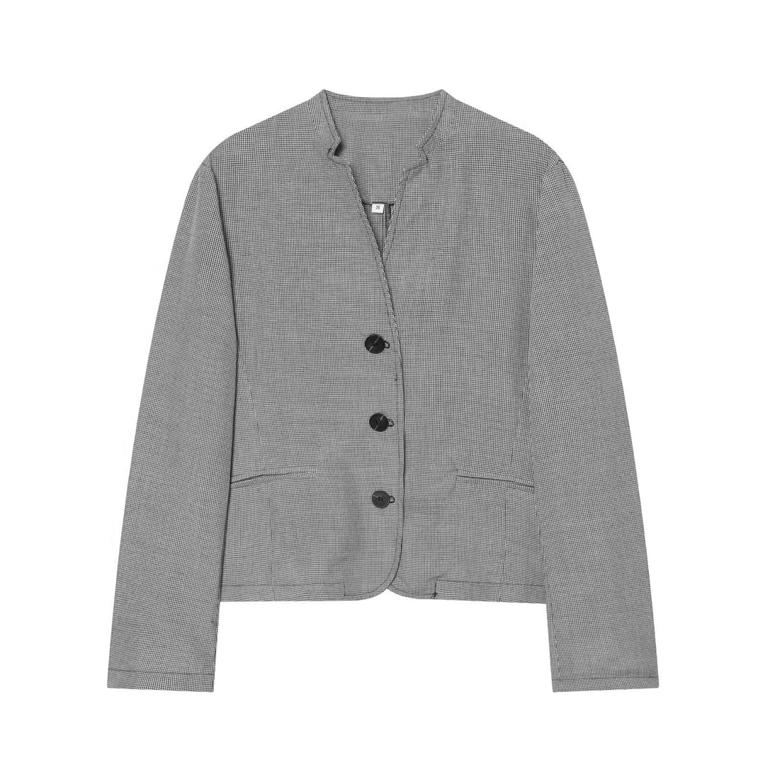 Damen Kurzblazer im Hahnentritt‑Muster mit Stehkragen und taillierter Cropped‑Silhouette Drune