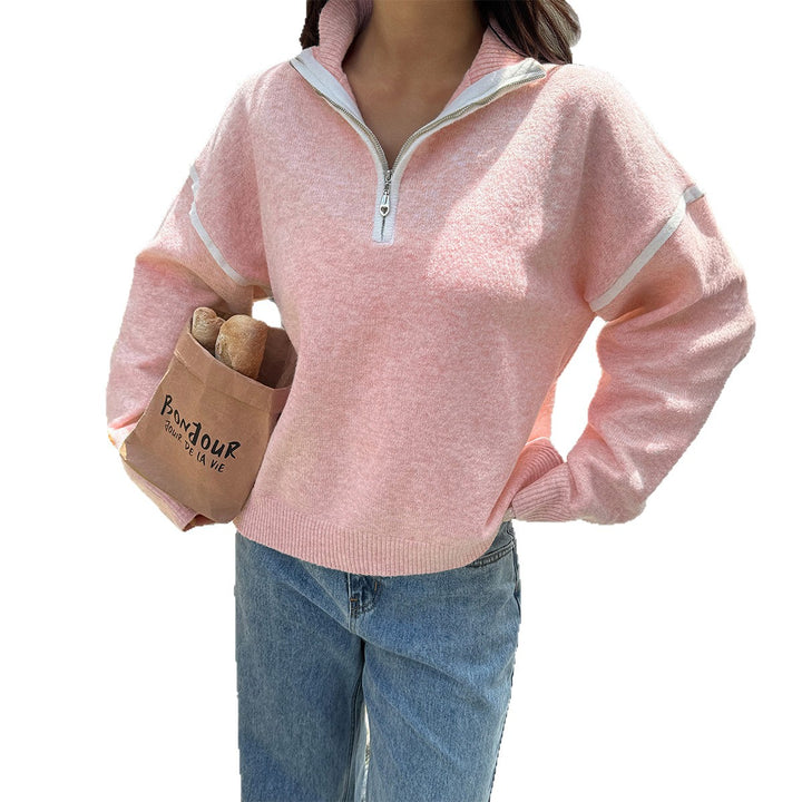 Damen Sportlicher Pullover mit halbem Reißverschluss und langen Ärmeln Drune