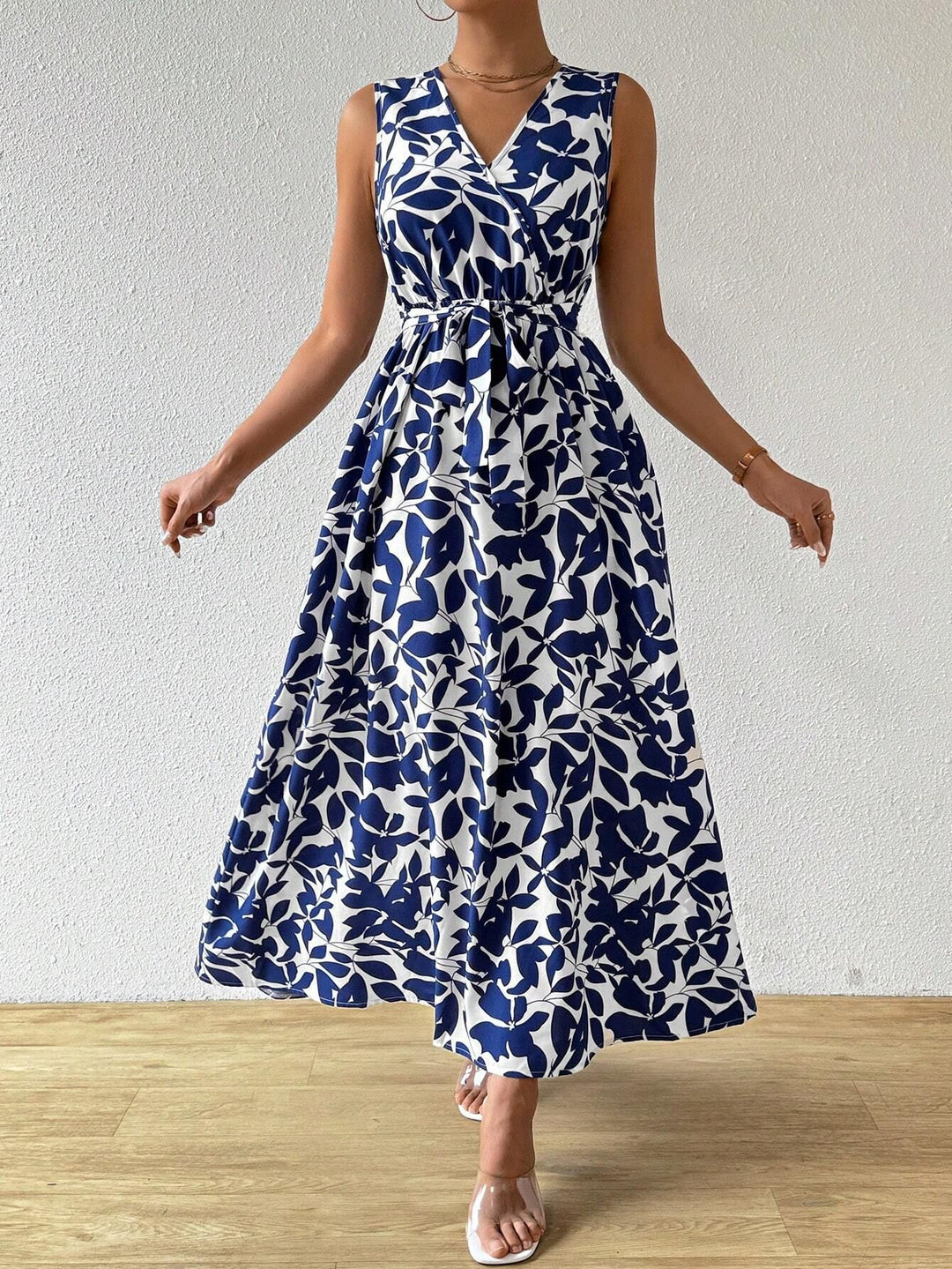 Damen nan Wickel-Maxikleid mit V-Ausschnitt und gebundenem Taillengürtel Drune