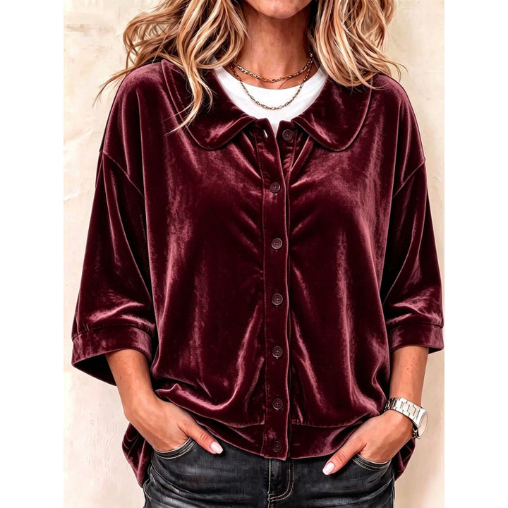 Damen Samt-Button-Down-Hemdbluse mit abgerundetem Kragen Drune