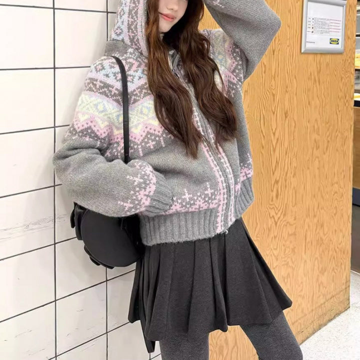 Damen Strickjacke mit nordischem Muster und tiefem V-Ausschnitt Drune