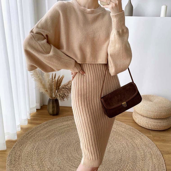 Damen elegante Strickkleid mit Ribstruktur und voluminösen Ärmeln Drune