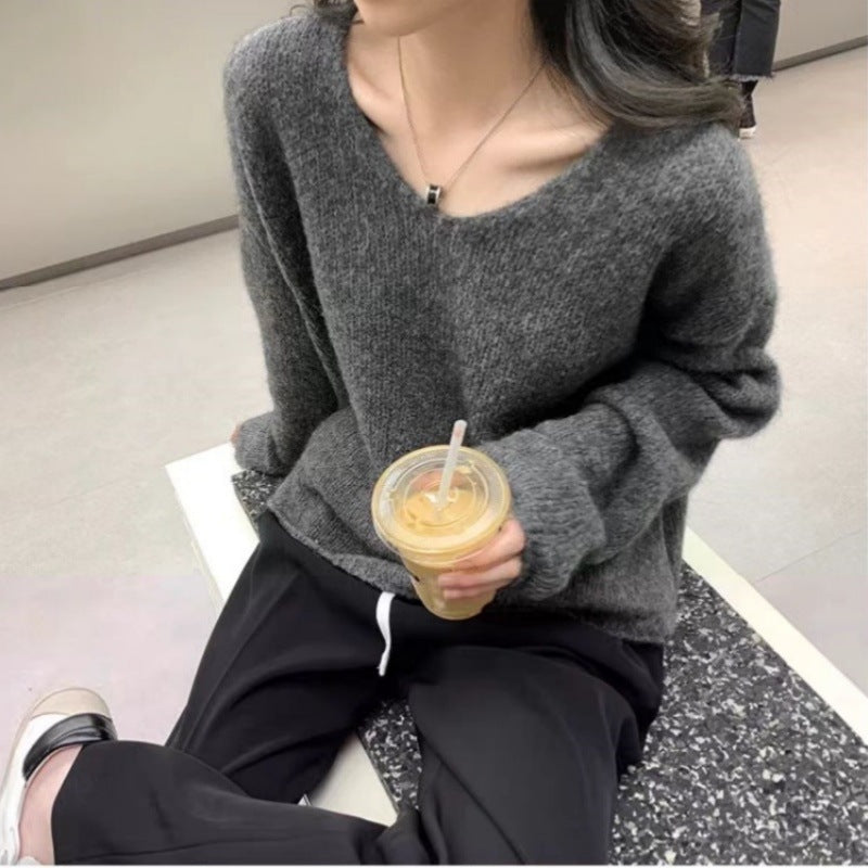 Damen Oversize V‑Ausschnitt Mohair‑Look Pullover mit Angora‑Optik und überschnittener Schulter Drune