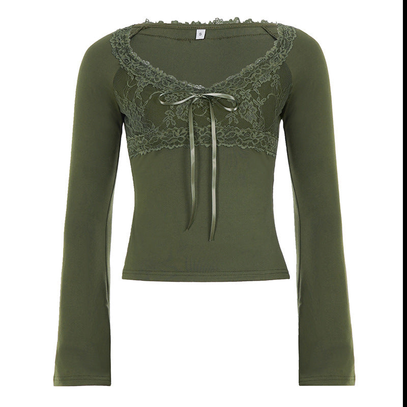 Damen Langärmeliges Slim-Fit Shirt mit Spitzen-Bustier-Einsatz und Zierschleife Drune