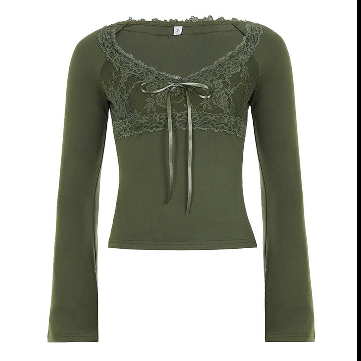 Damen Langärmeliges Slim-Fit Shirt mit Spitzen-Bustier-Einsatz und Zierschleife Drune