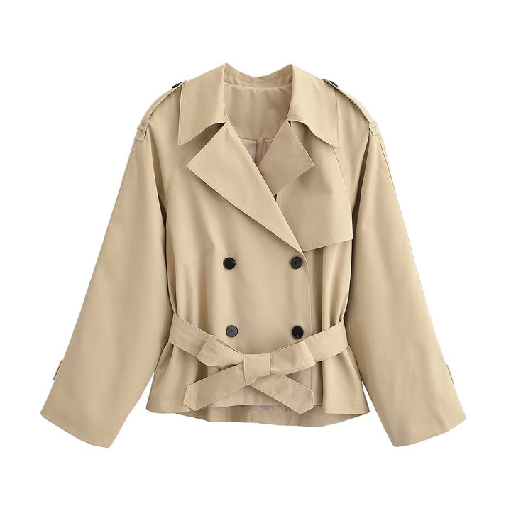 Damen Kurz-Trenchjacke mit weitem Schnitt, doppelreihiger Knopfleiste und Taillengürtel Drune