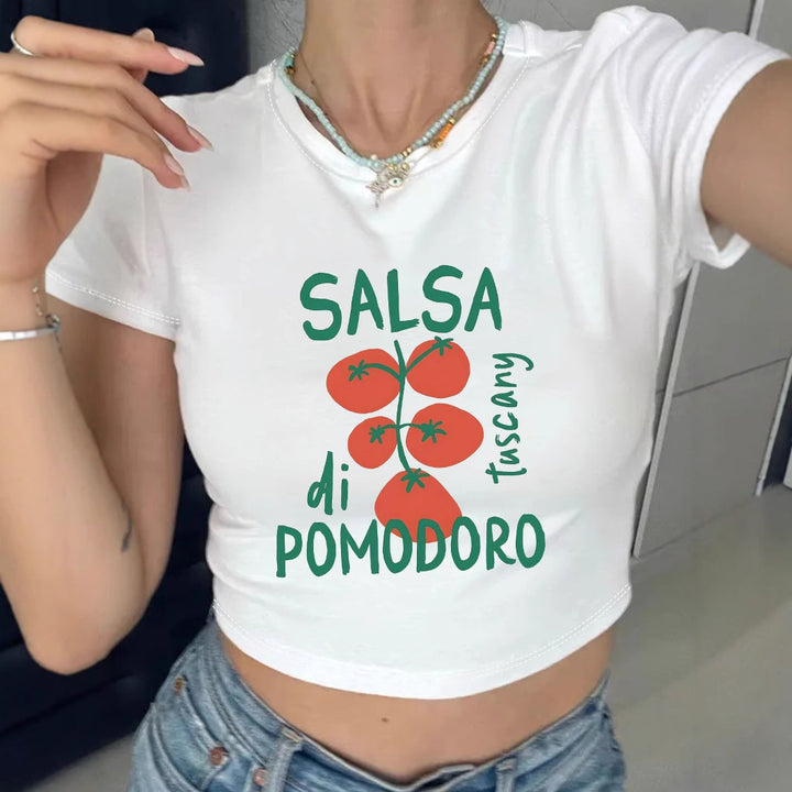 Damen Crop-Top mit kreativem Tomatenmotiv und witzigem Schriftzug Drune