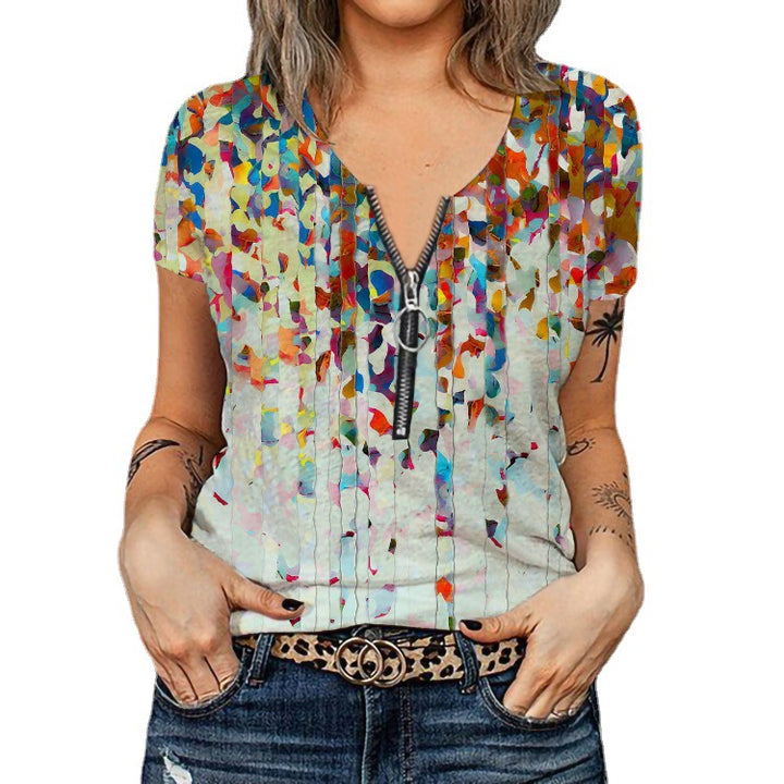 Damen Modisches T-Shirt mit Reißverschluss und floralem Design Drune