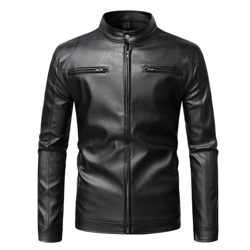 Herren Schmale Lederjacke im Urban-Bikerstil mit Stehkragen und Brust-Reißverschlusstaschen Drune