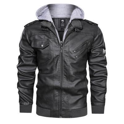 Herren Modische Lederjacke mit abnehmbarer Kapuze Drune