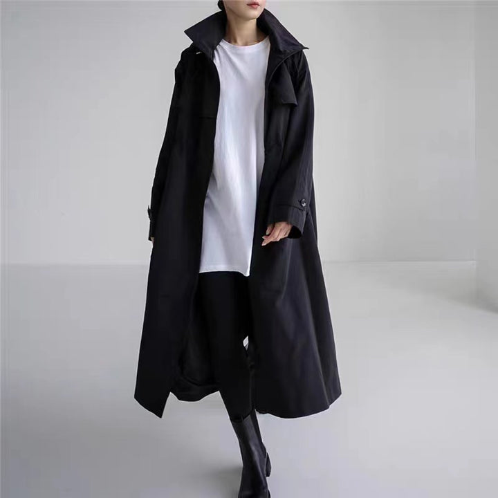 Damen Langer Oversize-Dustercoat mit Cape‑Passe, Tunnelzug‑Taillierung und hohem Stehkragen Drune