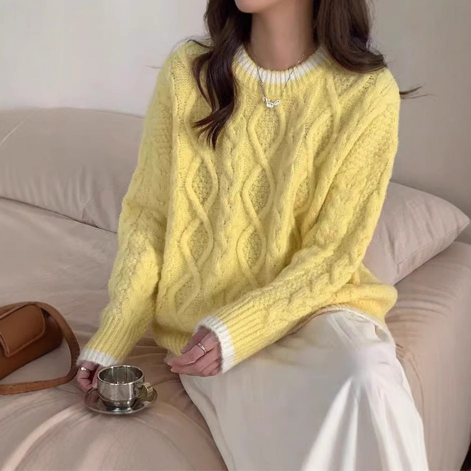 Damen Grobstrickpullover mit Zopfmuster und kontrastierendem Halsabschluss Drune