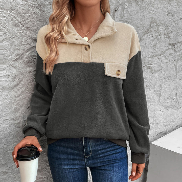 Damen Fleece Pullover mit Knopfverschluss und Taschen Drune