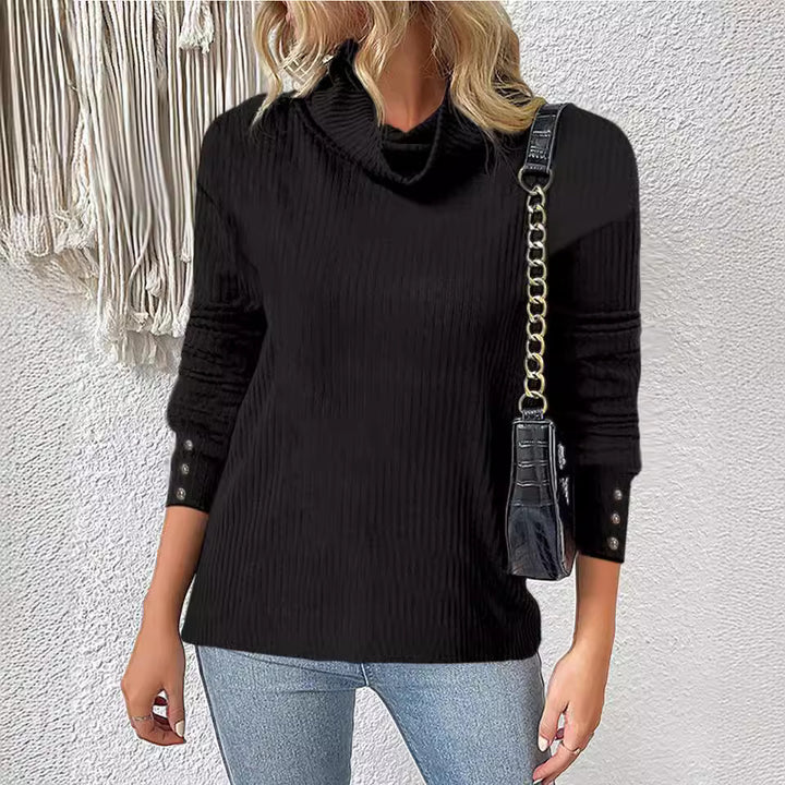 Damen Rippschneider Rollkragenpullover mit 3/4-Ärmeln und dekorativer Knopfleiste Drune