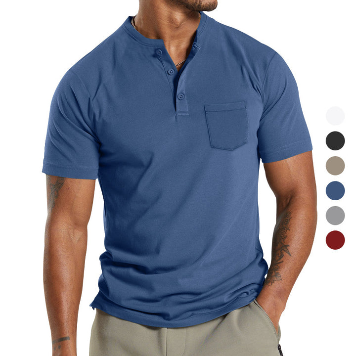 Herren nan atmungsaktives Baumwoll-Elasthan Kurzarm-Henley mit Brusttasche Drune