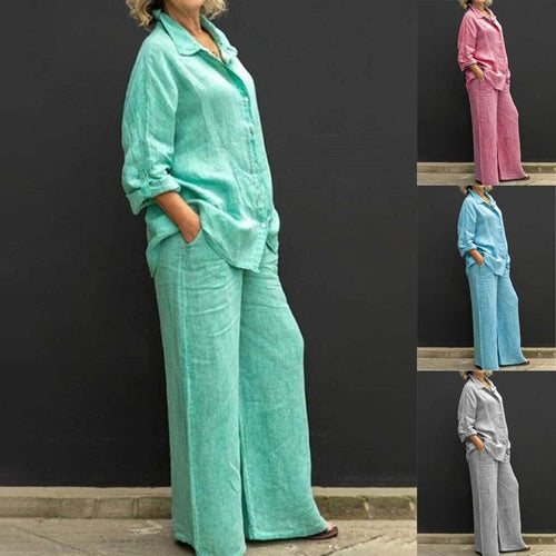 Damen Leichtes Leinen-Loungewear-Set mit Oversized-Hemd und weiter Palazzo-Hose Drune